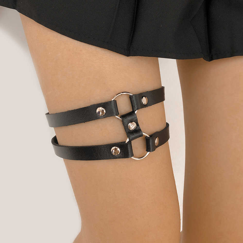 Dark leather double-layer leg ring exaggerated geometric fashion cool leg chain